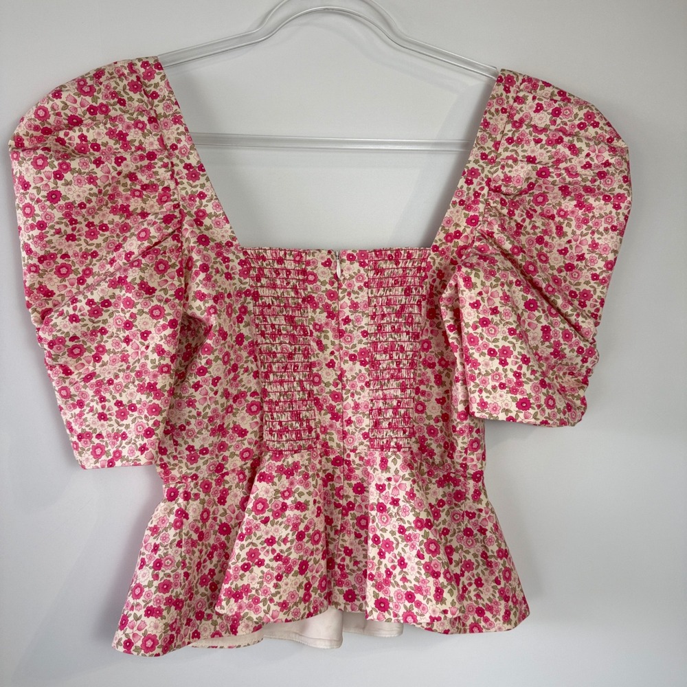 Amanda Uprichard Natasha Blouse Women L Pink Floral Puff Sleeve Peplum Smocked - Picture 4 of 12
